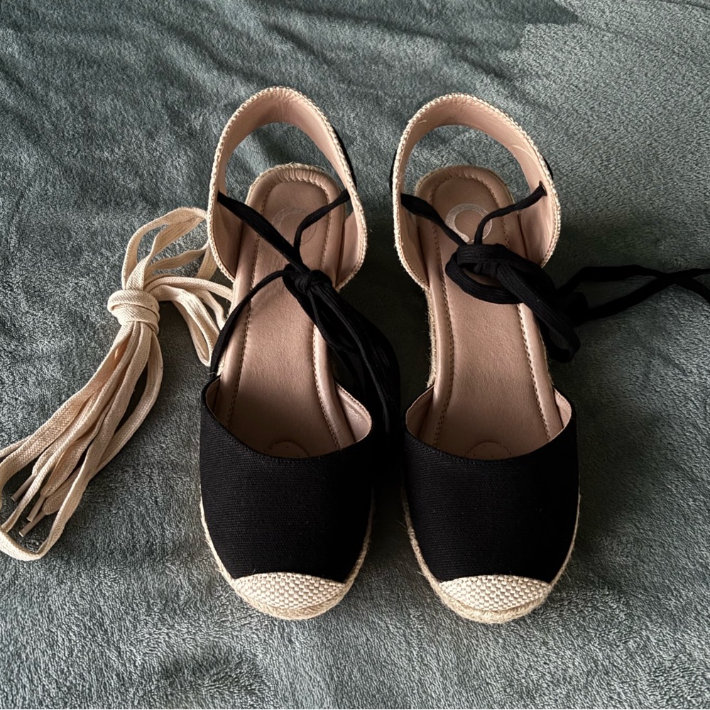 Journee Collection Black and Beige Espadrille Lace-up Wedges - Picture 12 of 12